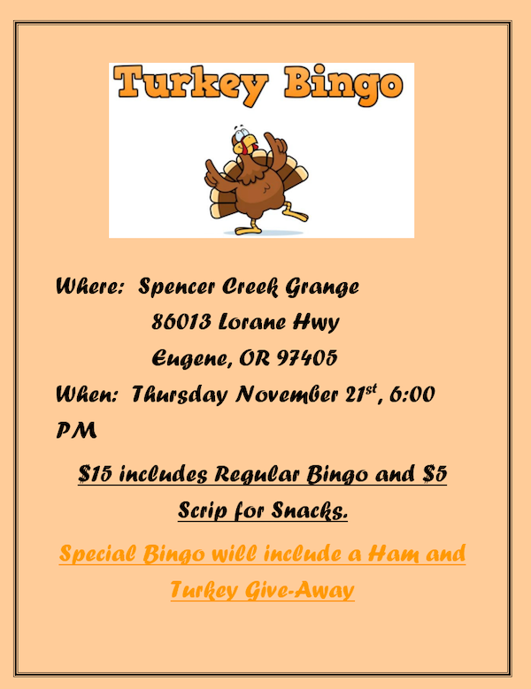 Turkey Bingo at the Spencer Creek Grange